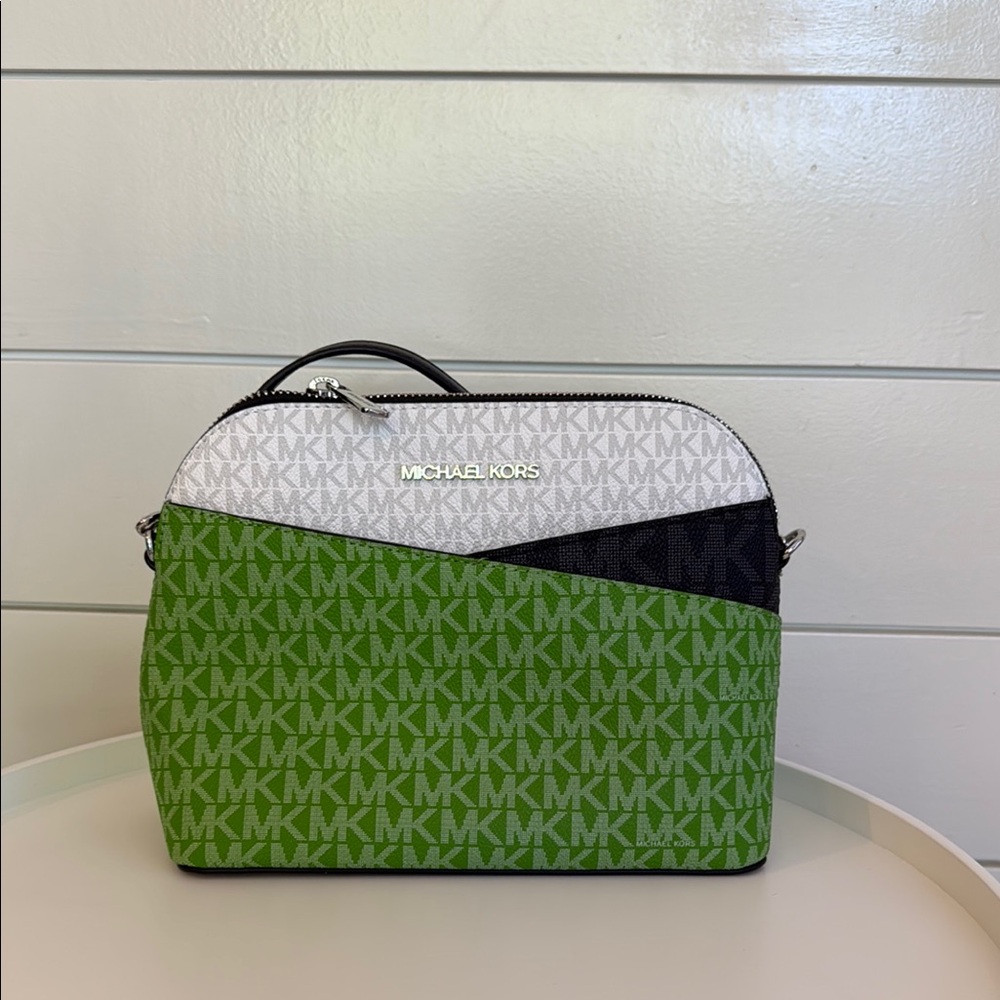 NWT Michael Kors Jungle Green Multi and White MK Crossbody